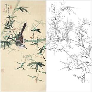 任重花鸟竹子工笔画白描底稿《幽篁伯劳》临摹勾线高清打印稿RD28