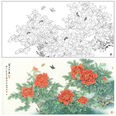 【大彩图】董希源工笔画白描底稿《万古英华》牡丹花鸟线稿HN16