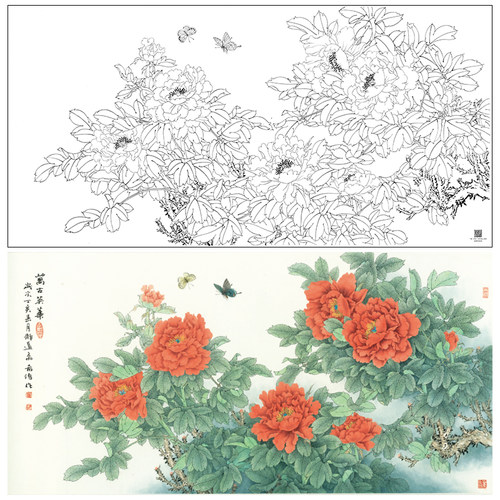 【大彩图】董希源工笔画白描底稿《万古英华》牡丹花鸟线稿HN16