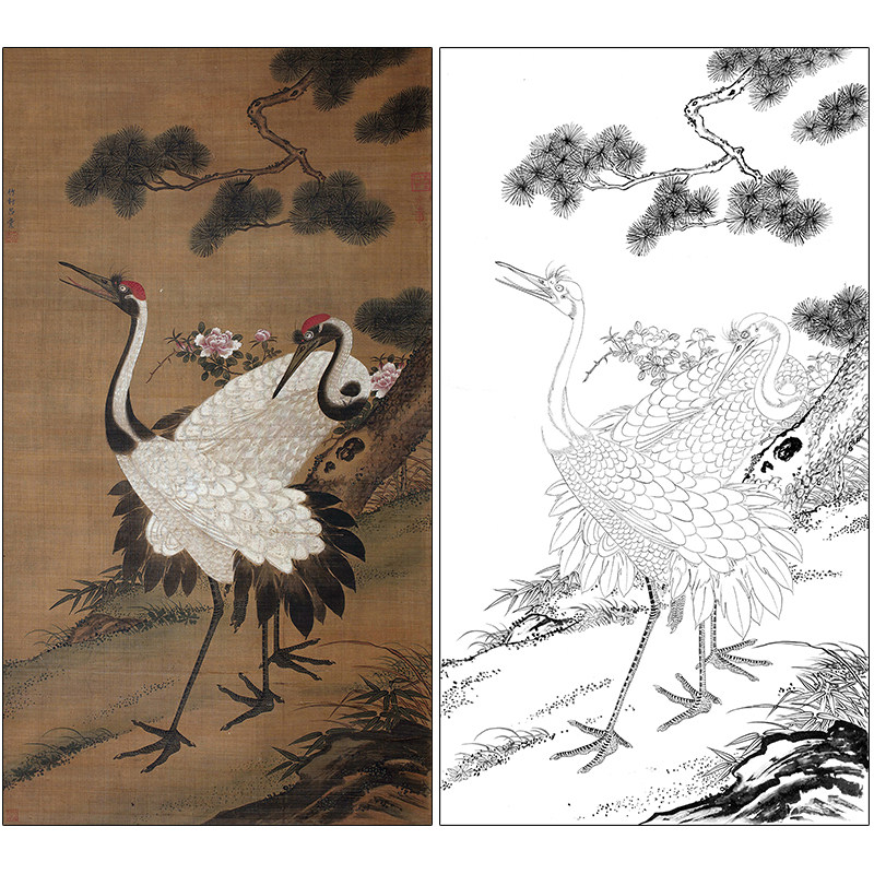 吕纪花鸟工笔画白描底稿《松鹤图》临摹勾线高清打印稿md17