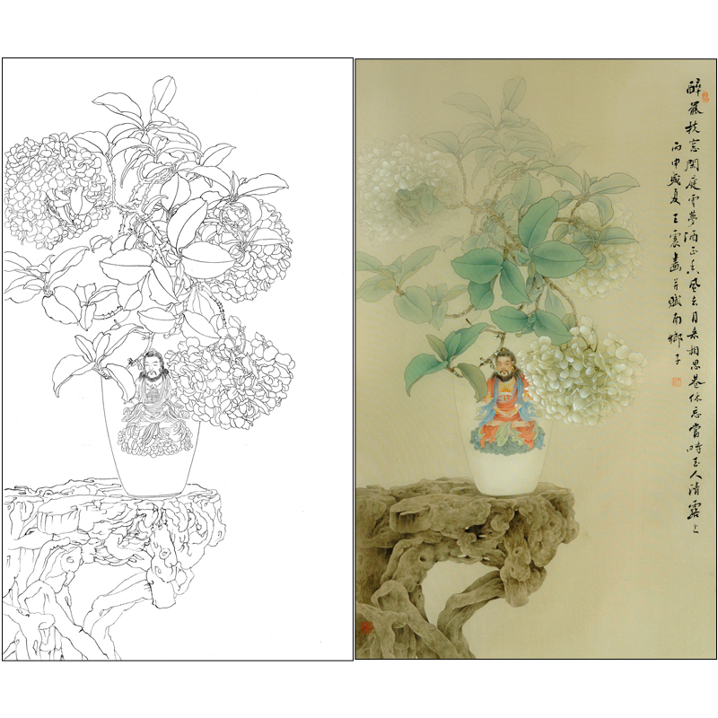 【有步骤】王震工笔画白描底稿博古花瓶斗方小品《闲庭云梦》WZ10