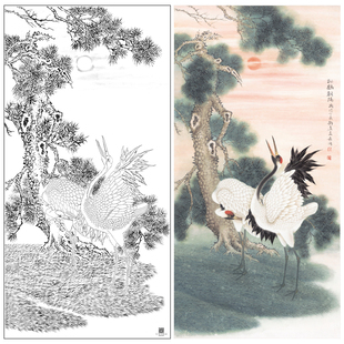 【大彩图】董希源工笔画白描底稿《松鹤朝阳》白鹤花鸟线稿HN06