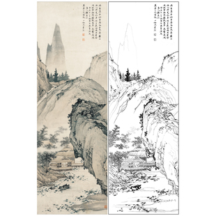 【大彩图】陈少梅工笔画白描底稿《唐人诗意图》山水人物线稿SV20