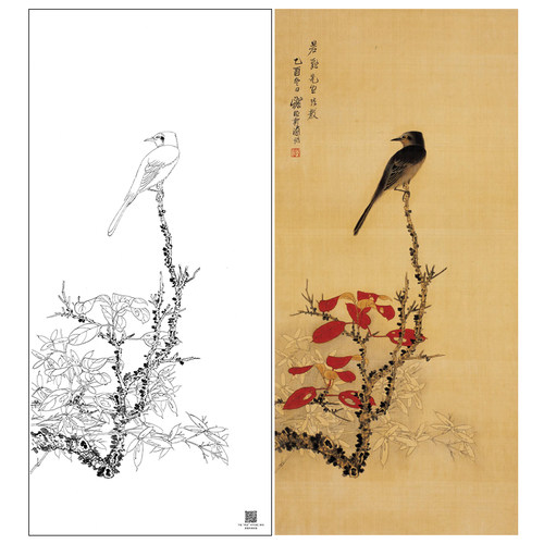【大彩图】谢稚柳工笔画白描底稿红叶临摹勾线花鸟线稿HN24
