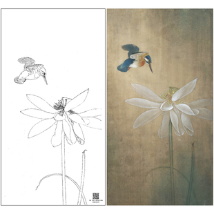 【大彩图】李晓明工笔画白描底稿《独舞晨风中》荷花花鸟线稿K080