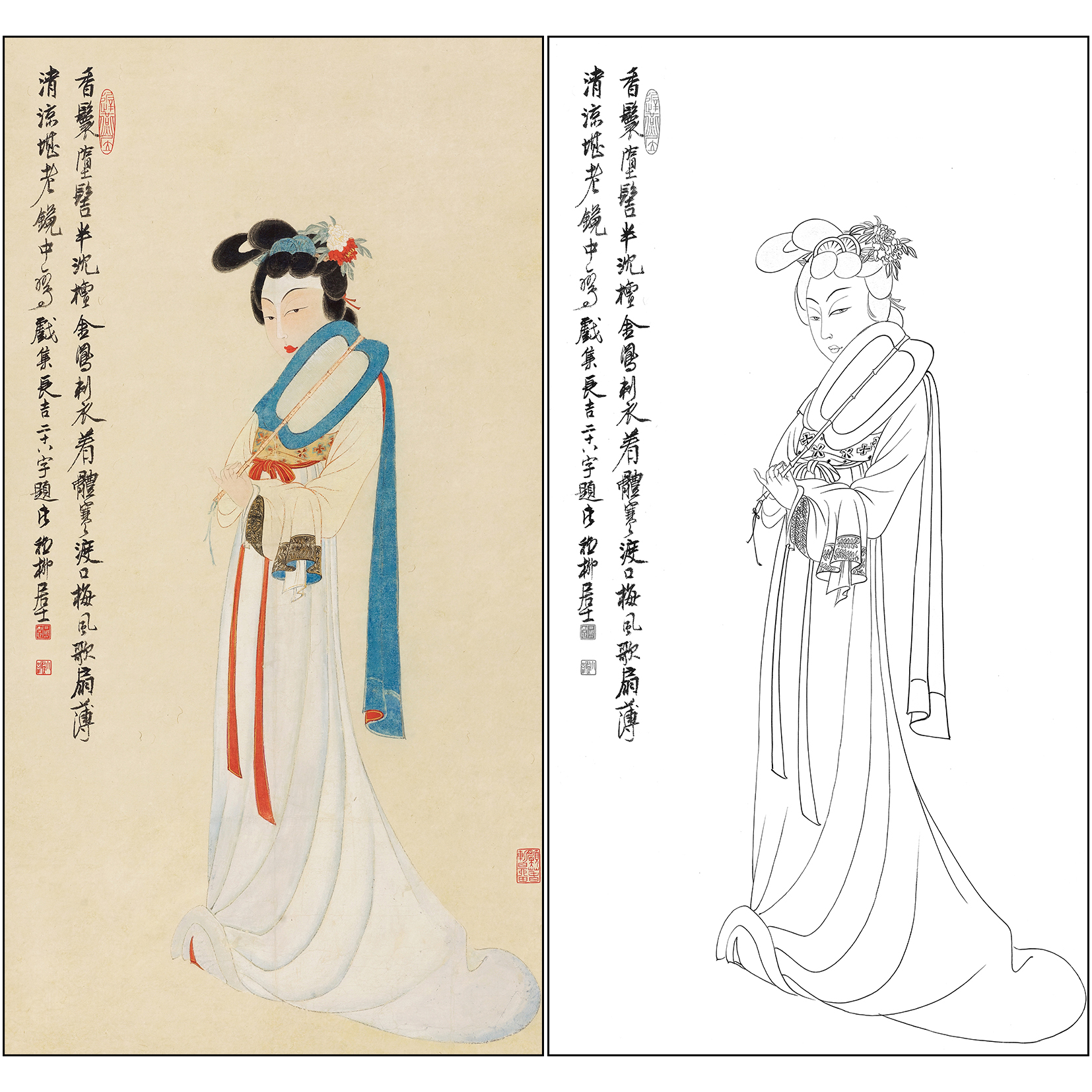 谢稚柳人物工笔画白描底稿《纨扇美人图》临摹勾线高清打印稿XZ23