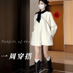 双面羊毛大衣女赫本少女法式 chic领结黑白撞色秋冬设计感气质外套