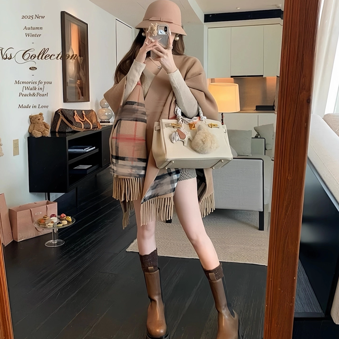 bbr咖色格纹流苏双面穿披肩斗篷