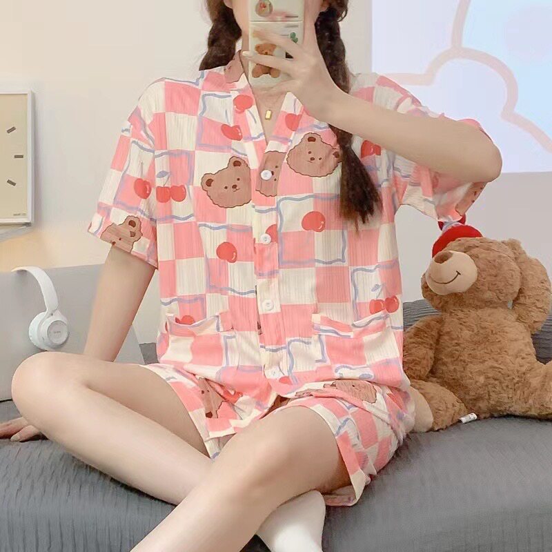 开衫短袖短裤睡衣套装女生夏季甜美可爱韩版休闲舒适可外穿家居服