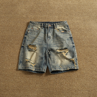 男复古做旧宽松直筒夏季 四款 集合美式 高街破洞牛仔短裤 百搭五分裤