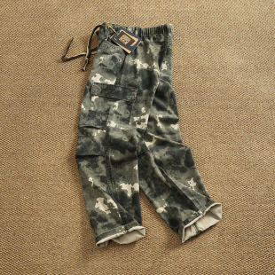 美式复古做旧迷彩工装裤男 潮牌多口袋阔腿裤宽松直筒休闲伞兵裤