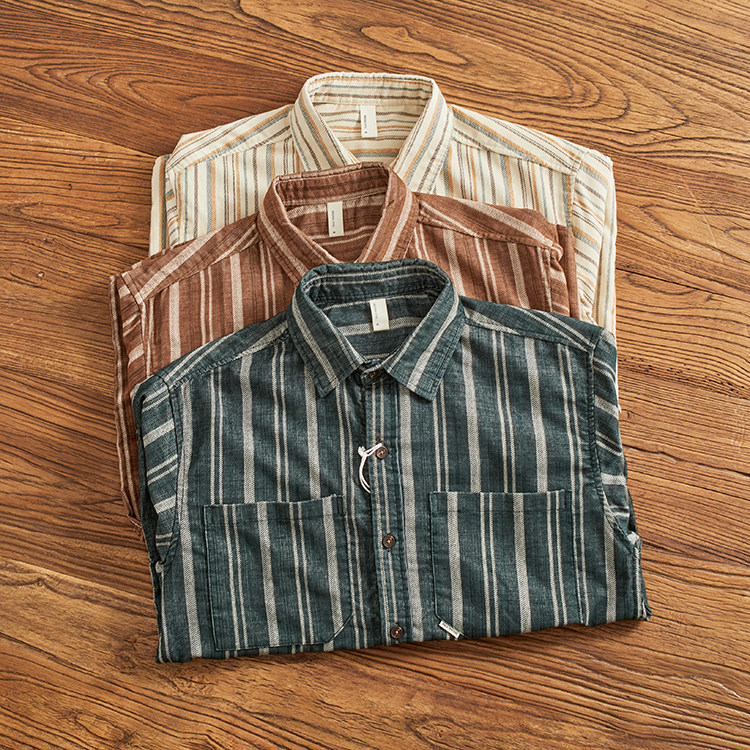 秋季新款竖条纹衬衫男士日系复古宽松阔型撞色工装长袖翻领衬衣潮