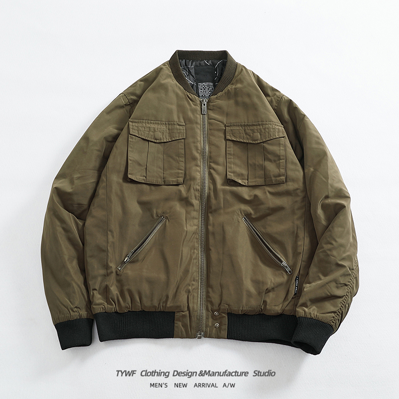 绗缝夹棉工装飞行夹克棒球领外套