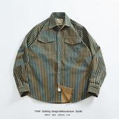 工装 怀旧水洗做旧蓝竖条纹潮款 衬衣外套 宽松美式 长袖 牛仔衬衫 男士