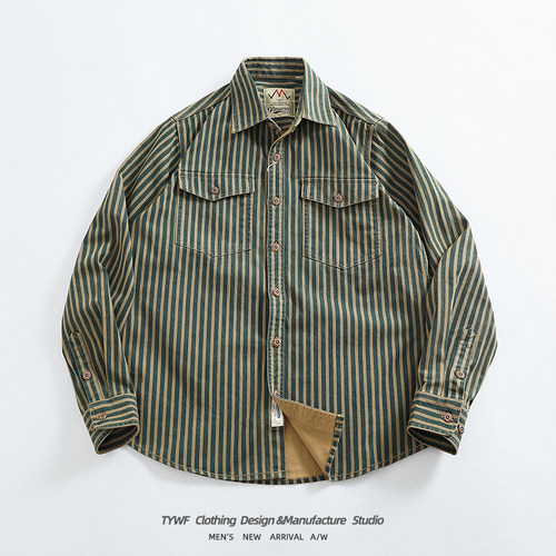 水洗做旧蓝竖条纹潮款牛仔衬衫男