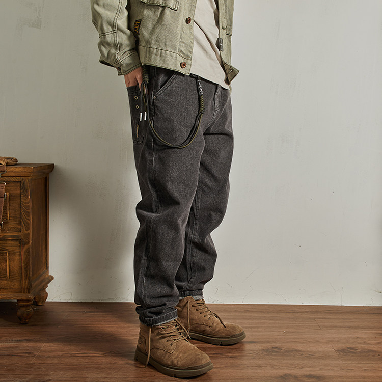 复古高端重磅黑灰色牛仔裤男宽松直筒小脚长裤做旧水洗哈伦锥形裤