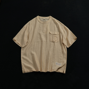 日系复古工装风亨利领亚麻混纺短袖T恤 男士宽松肌理感口袋体恤衫