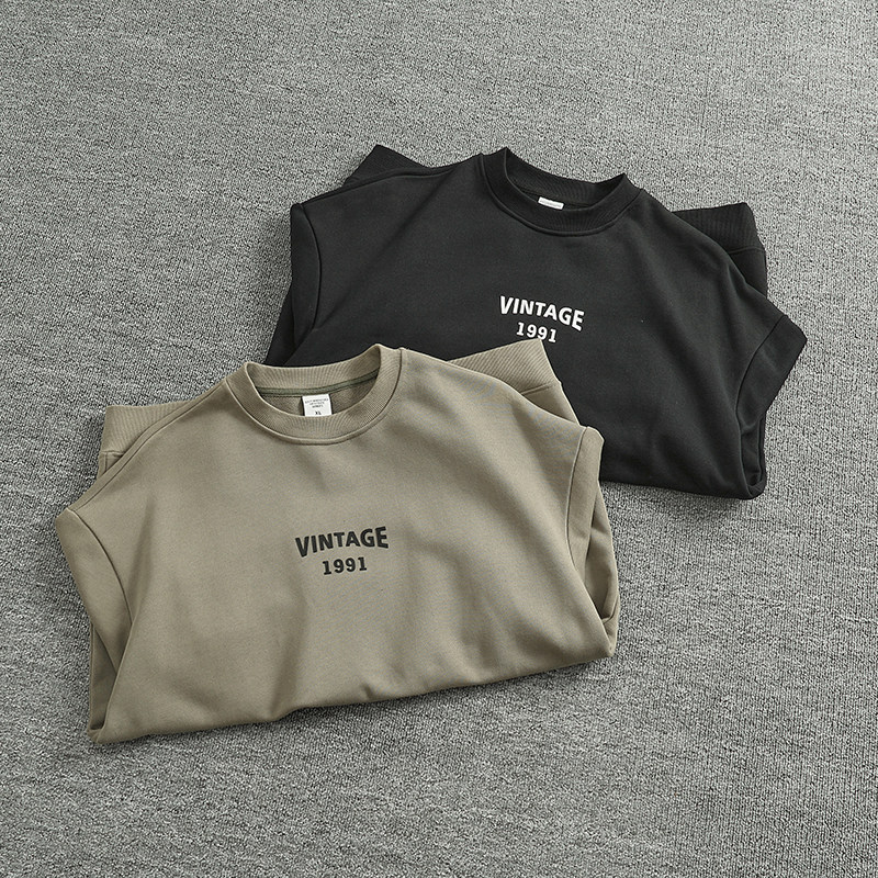 400g重磅高克重针织毛圈卫衣男纯棉厚实简约字母款圆领套头衫情侣