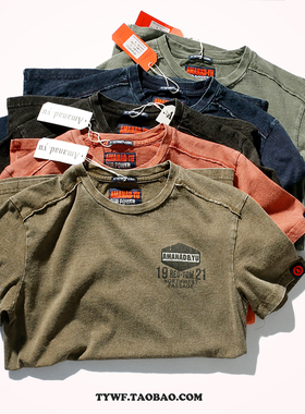 欧美高街短袖T恤男英伦时尚潮中长款圆领纯棉重水洗做旧工艺短Tee