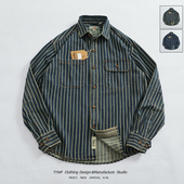 衬衫 重磅竖条纹工装 牛仔衬衣男做旧水洗纯棉肘部贴布翻领长袖 外套