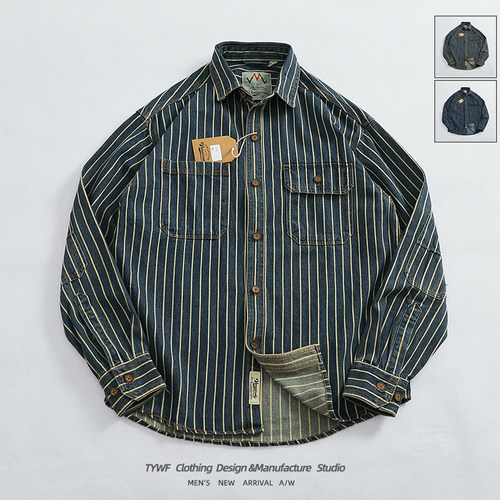 重磅竖条纹工装牛仔衬衣男