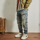 牛仔长裤 弯刀拼接机车牛仔裤 复古水洗做旧修身 小直筒工装 男士 美式