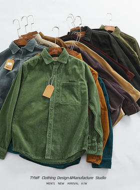 重磅厚实高坑粗间条复古灯芯绒长袖衬衣男装秋季纯棉工装衬衫外套