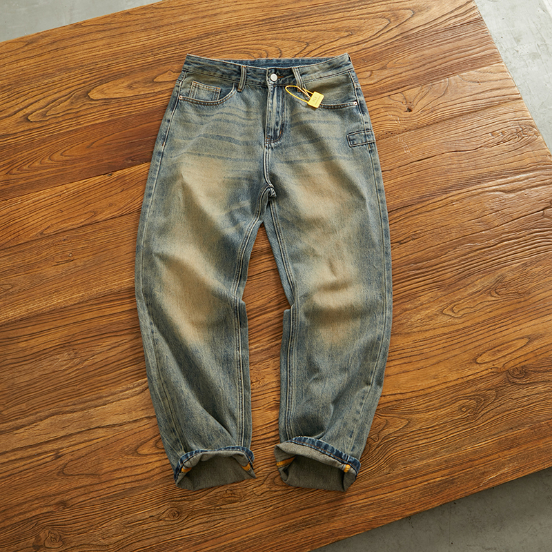 猫须怀旧水洗直筒锥形牛仔长裤