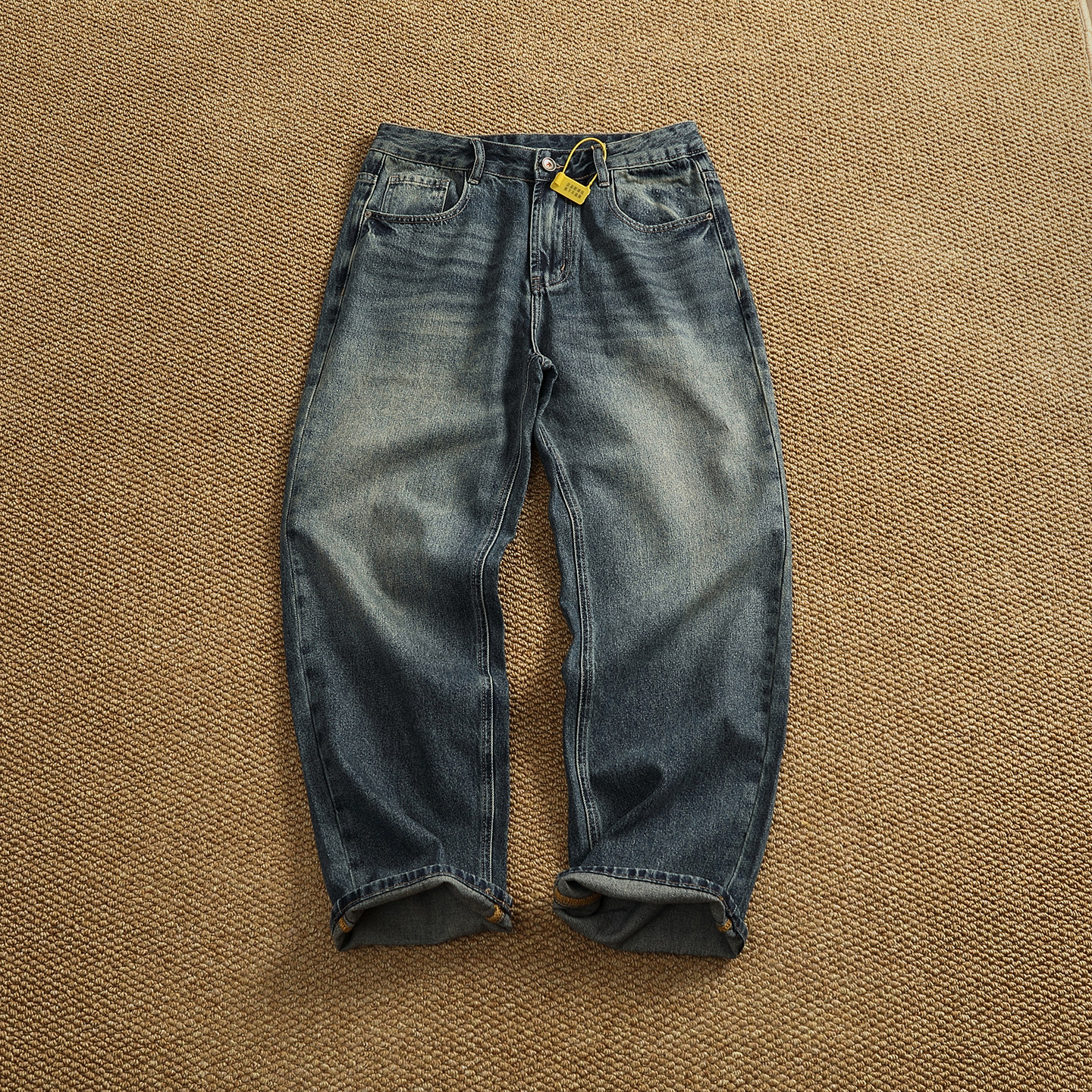 潮牌重磅普洗猫须牛仔裤男新品美式街头水洗做旧宽松百搭直筒裤