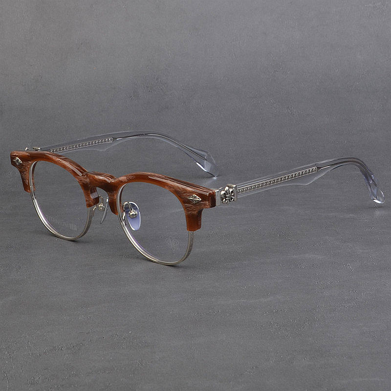 百搭复古半框纯钛眼镜架男女通用个性潮流大脸板材可配近视眼镜框