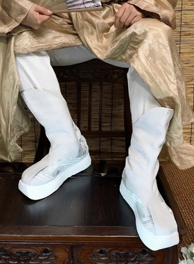 男女士古装长靴古风汉服鞋子武侠皂靴国风白色内增高戏服翘头履CP