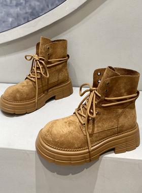 黄色马丁靴女2025新款秋季单靴复古风绒面厚底工装靴增高大头短靴