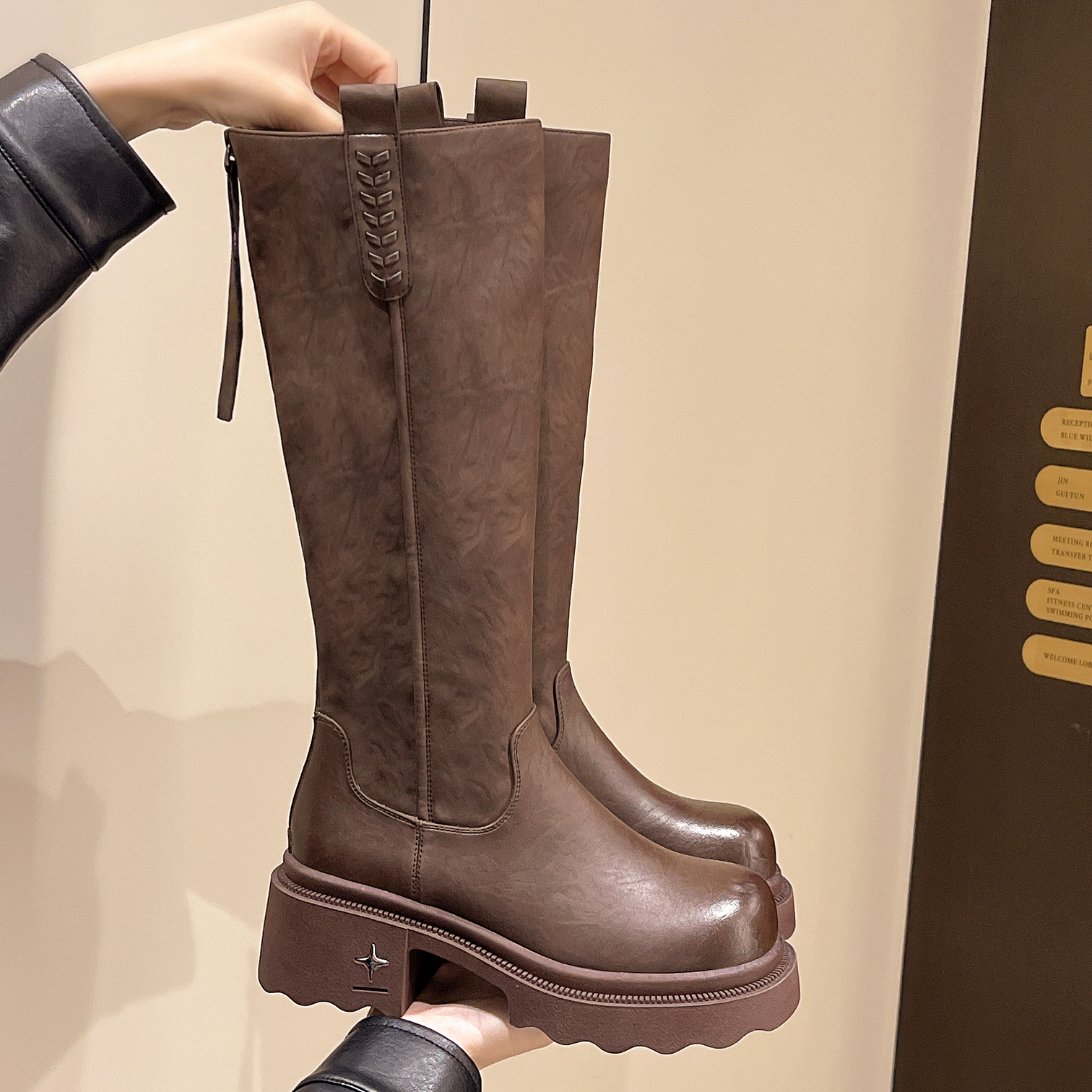 做旧擦色软皮不过膝高筒骑士靴