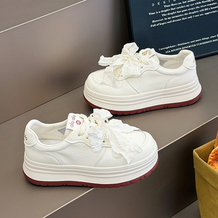 真皮小白鞋女2026新款春季百搭增高厚底松糕鞋蝴蝶结装饰休闲板鞋