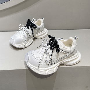 百搭ins潮洋气街头增高休闲运动鞋 爆款 女2025新款 真皮厚底老爹鞋