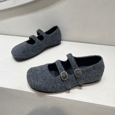 灰色玛丽珍毛毛鞋魔术贴平底单鞋