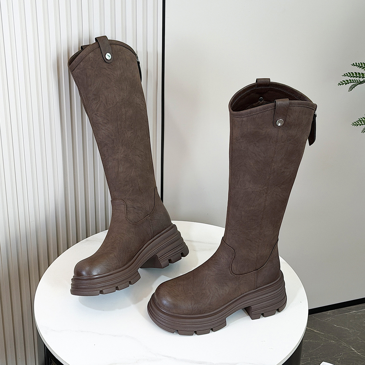 厚底高筒骑士靴秋冬加绒显瘦增高