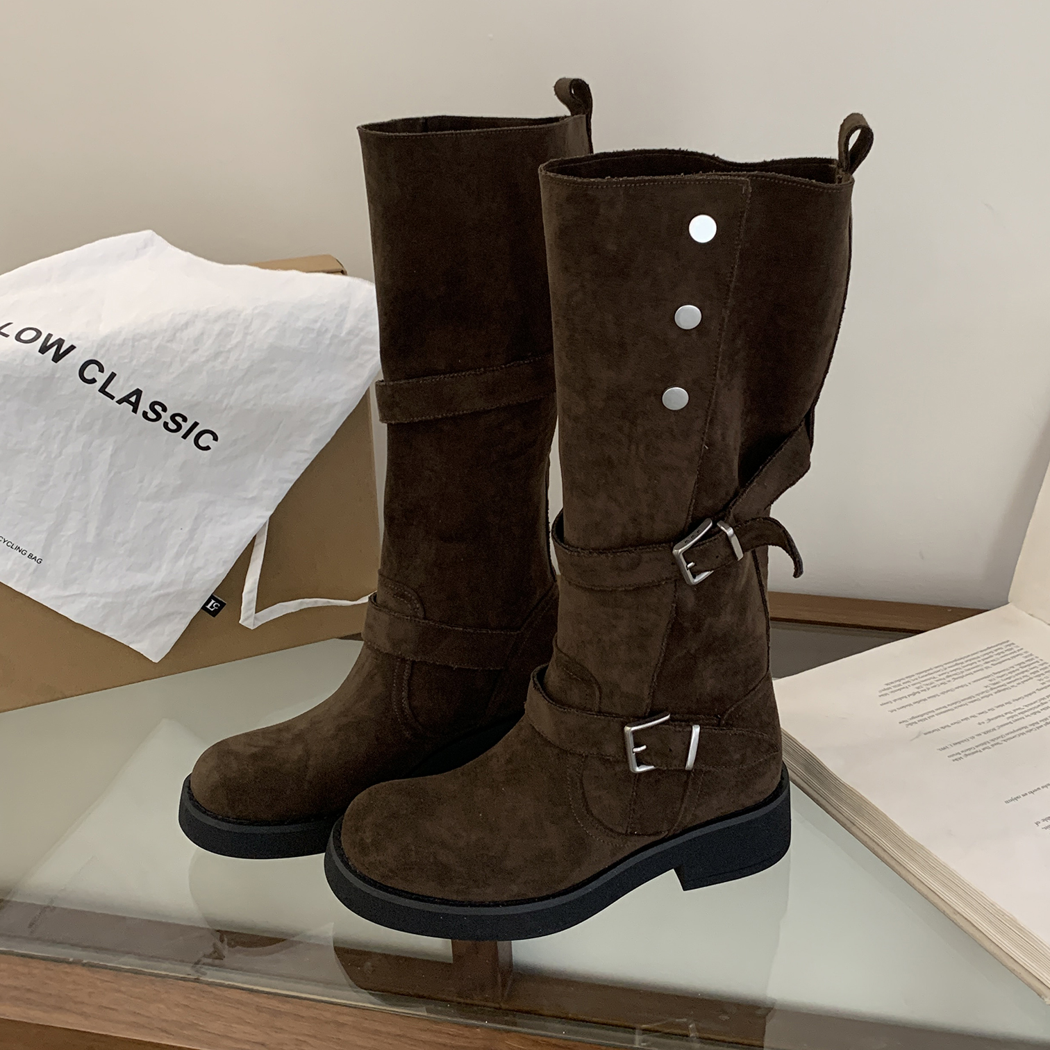 不过膝绒面厚底长筒靴显瘦骑士靴