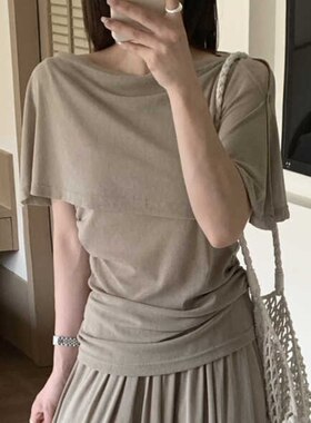 2026新款极简松弛网纱休闲叠穿设计感短袖T恤+半身裙套装(两件套)
