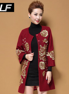 中老年冬装婚礼礼服中年妈妈装春秋羊毛呢外套洋气岳母40岁50风衣