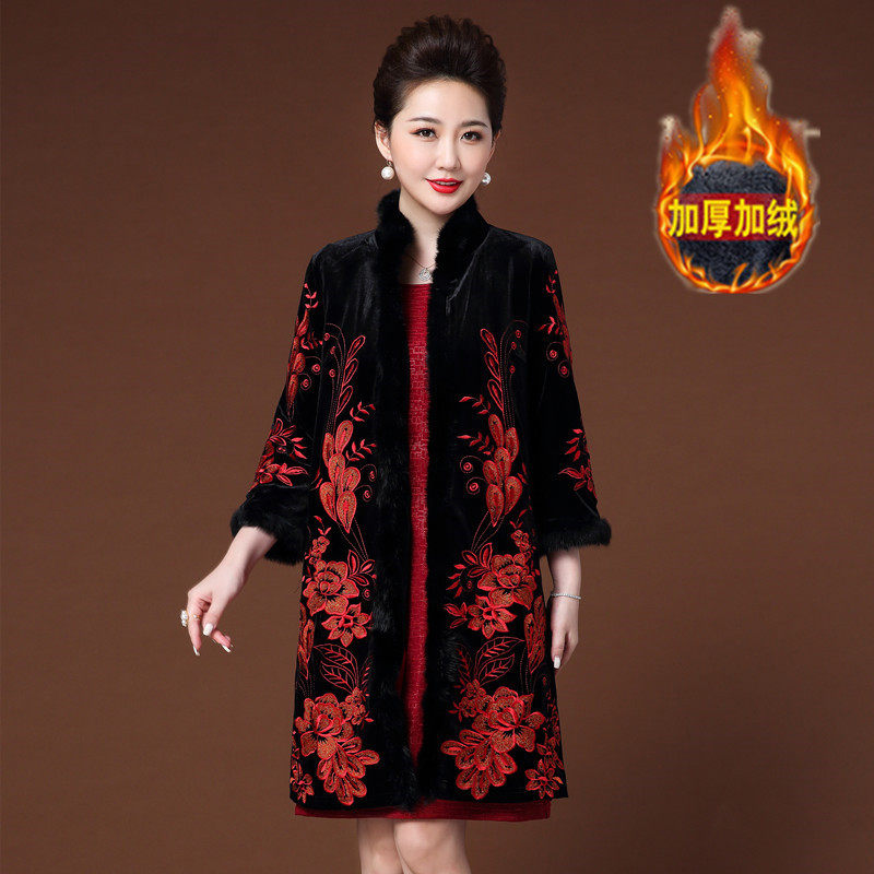 中年妈妈女装金丝绒风衣高贵洋气婚礼中老年冬装加绒加厚宽松外套