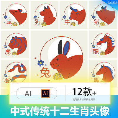 中国风中式传统简约十二生肖兔蛇虎龙马猴头像插画AI矢量设计素材