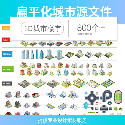矢量图2.5D立体扁平化3D等距城市建筑群社区楼房大厦施工图片素材