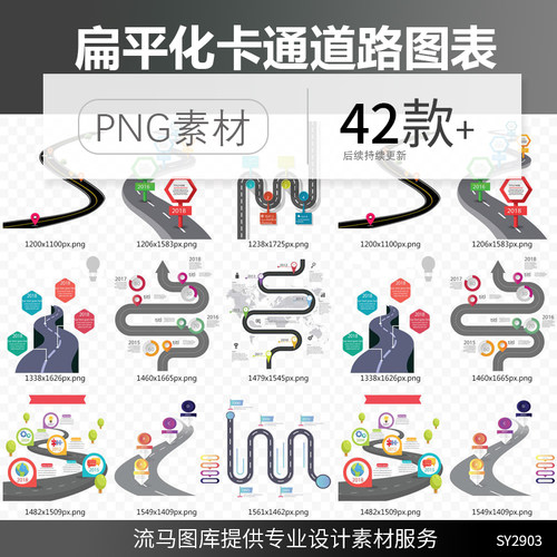 42款扁平化城市道路马路高速卡通定位导航标识PPT图表png免扣素材