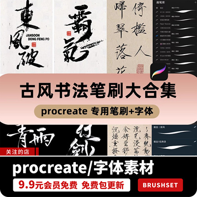 古风书法procreate笔刷水墨写字手写瘦金体中文版TTF字体设计素材