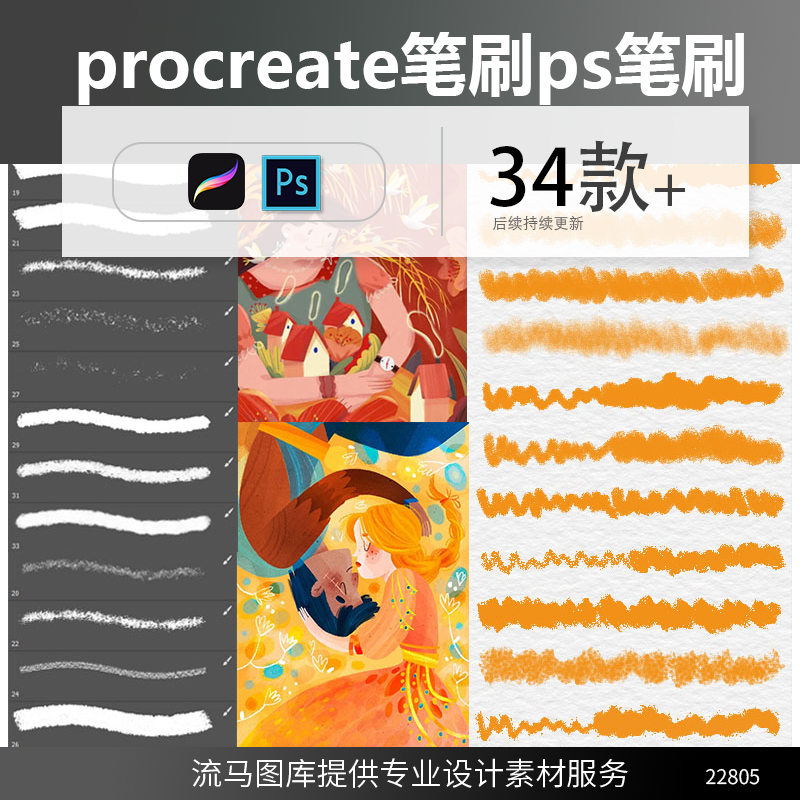 卡通漫画粉笔铅笔蜡笔厚涂质感手绘插画涂鸦procreate ps笔刷素材