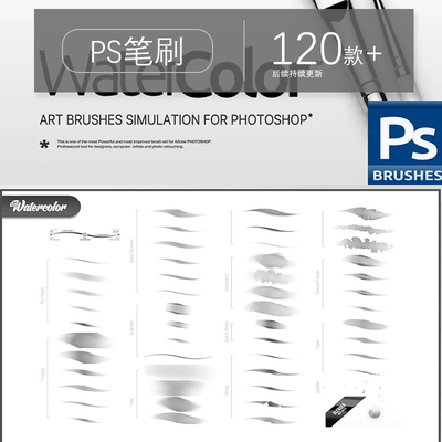 手绘插画水彩水磨PS笔刷厚涂纹理cg原插涂抹橡皮擦工具预设插件