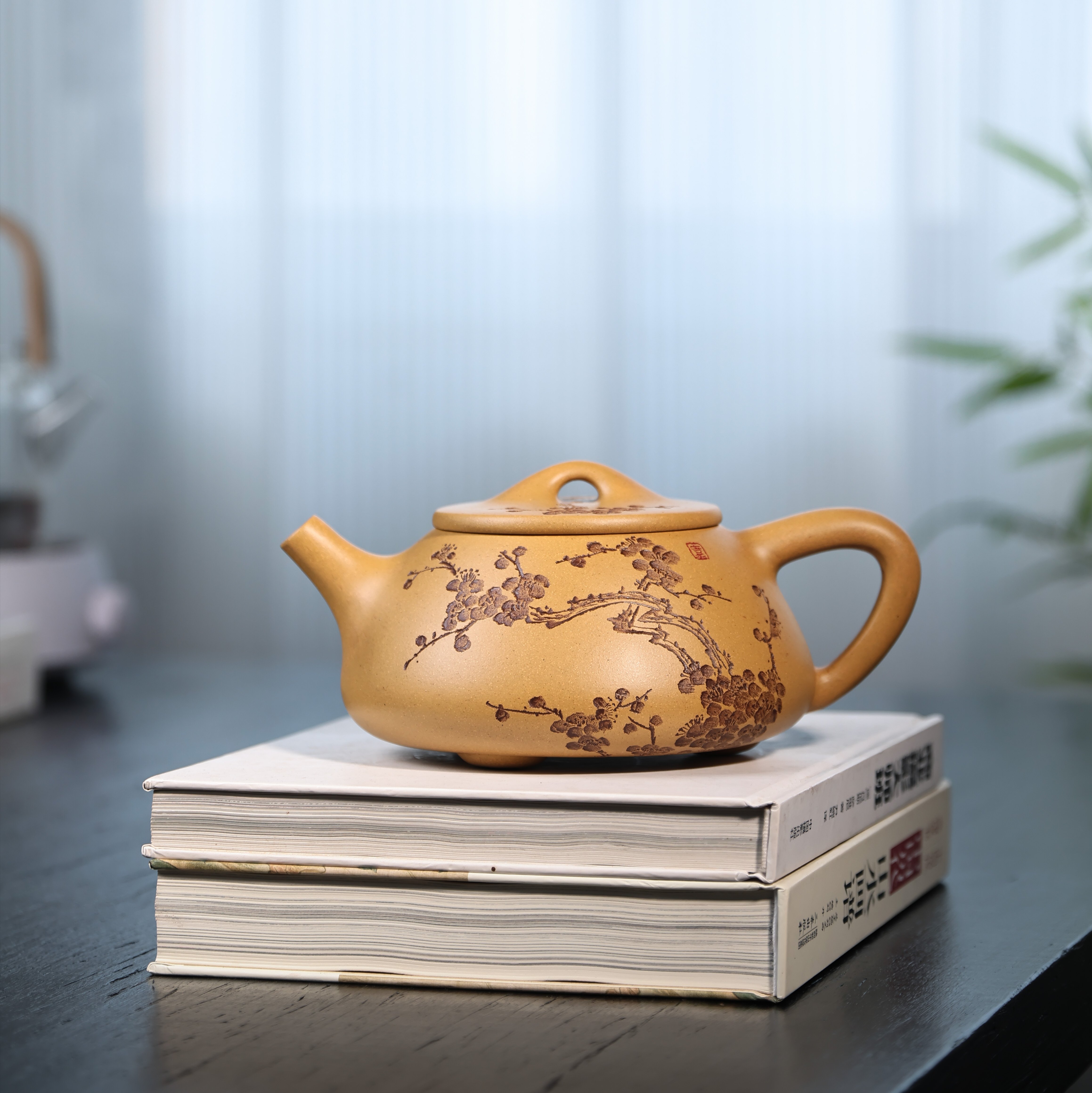 宜兴紫砂壶纯手工大容量泡茶壶黄金段泥特大通转墨梅景舟石瓢壶1L