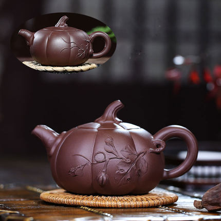 宜兴卡盖花器紫砂壶纯手工泡茶壶家用茶具原矿老紫泥南瓜壶350ml