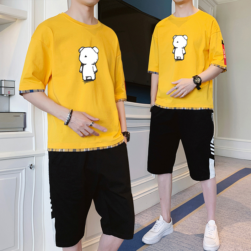 Summer cotton fake two piece short sleeve T-shirt for men